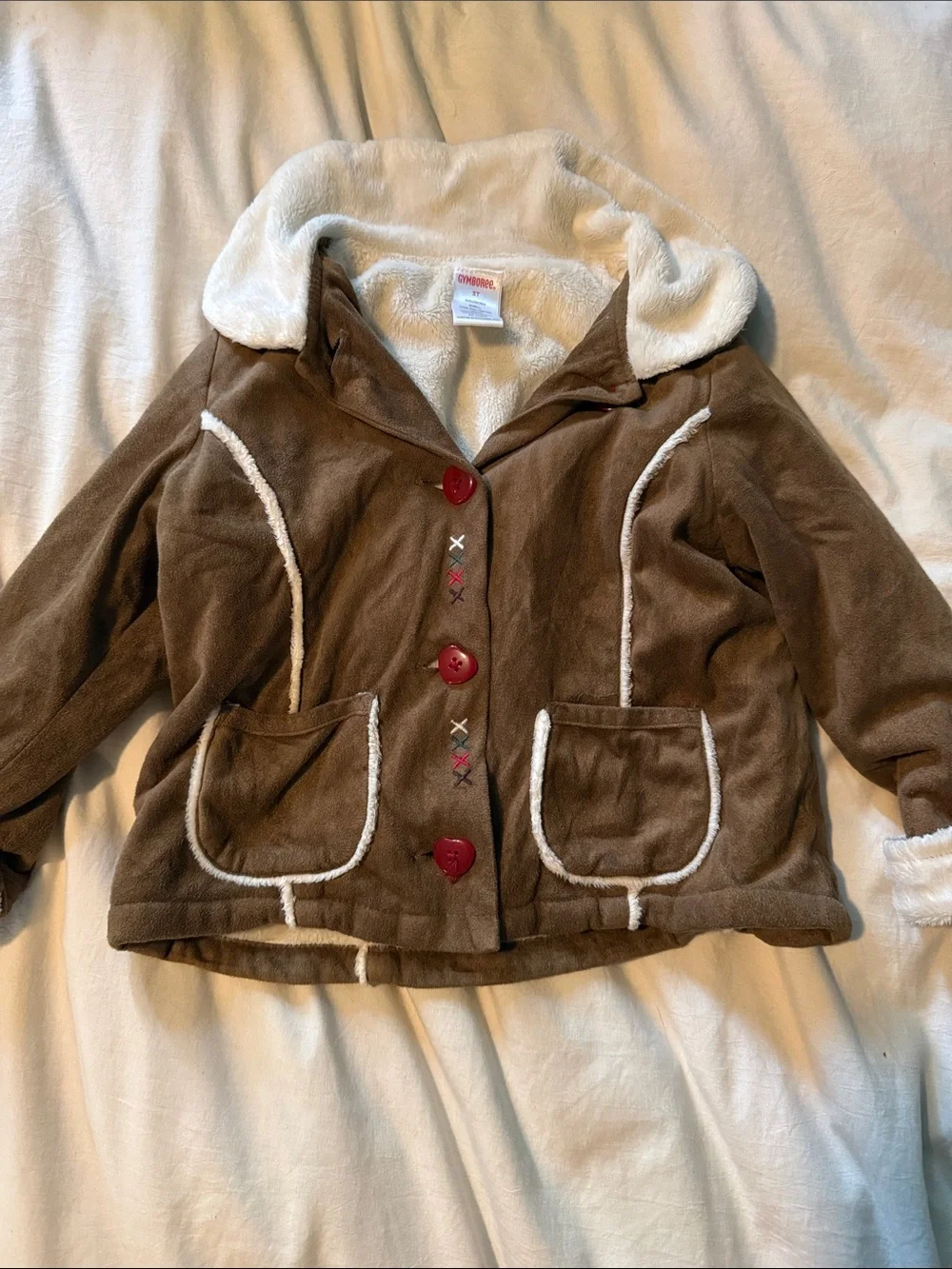 Gymboree Brown Hooded Sherpa-Trim Puffer Jacket with Red Buttons